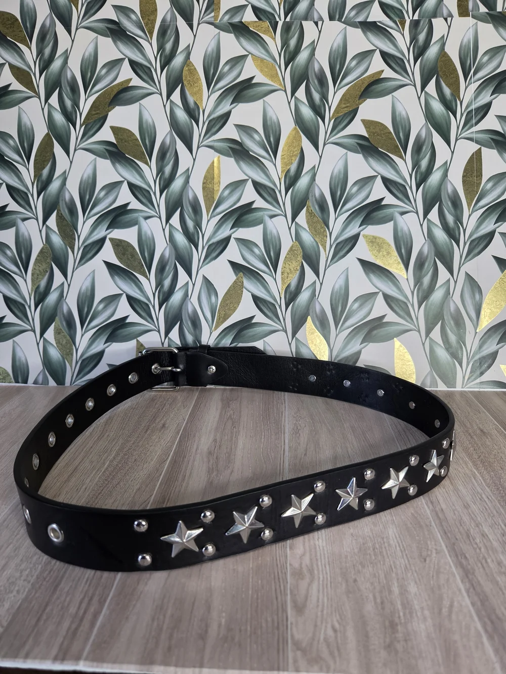 Y2K Black Faux Leather Star Studded Belt Silver Grommet Roller Buckle Punk